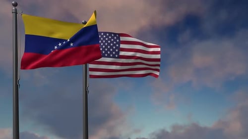 Venezuela and United States Flags Waving Together in Blue Sky
