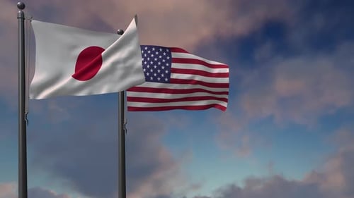 Realistic Waving Japan and USA Flags on Flagpoles