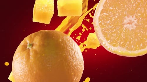 Naranja con rodajas cayendo sobre fondo rojo intenso