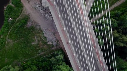 Vertical Aerial Drone Footage of the Cable Bridge in the City