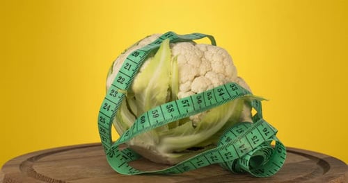 Cauliflower Wrapped With Tape Measure On Wood