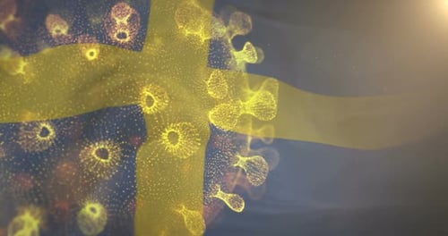 Digital Virus Particles Overlay Waving Sweden Flag Animation
