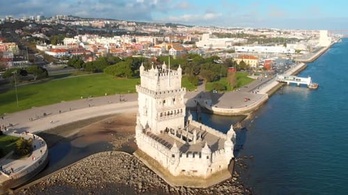 Aerial Drone View of Belem Tower in Lisbon Portugal