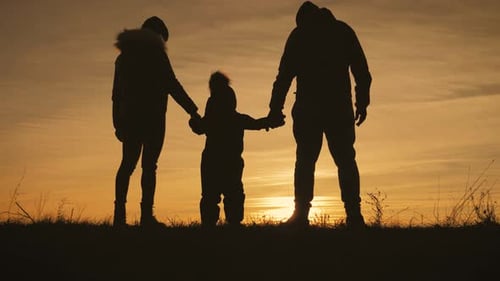 Family Holding Hands at Scenic Sunset Silhouette