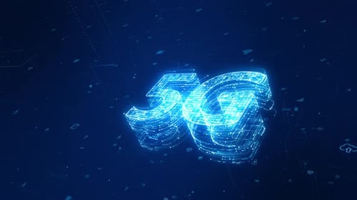Blue particle 5G logo with futuristic technology icon on abstract background