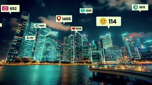 Social Media Icons Fly Over City Downtown Showing People Engagement Connection