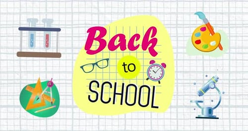 Back to School written in pink and black with several school pictograms