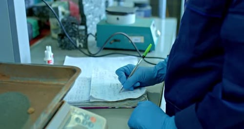 Gros plan un travailleur dans des gants de protection remplit un journal