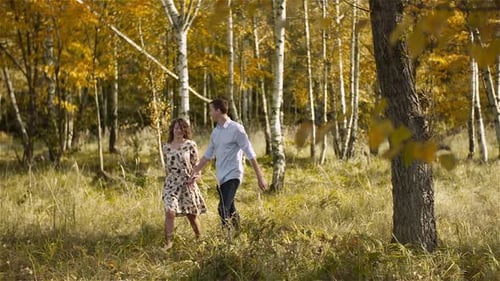 Young Couple in Love Walking on Meadow in Summer - Togetherness Concept
