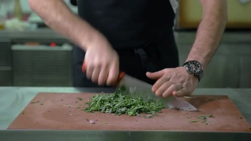 Chef Chopping Fresh Herbs in Commercial Kitchen