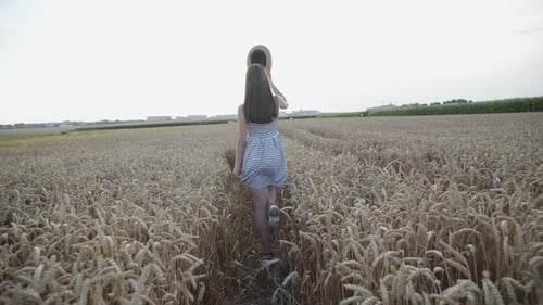 Girl Walking Through Golden Wheat Field at Daytime