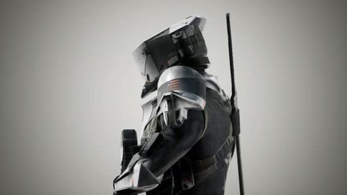 Soldat futuriste en armure d'acier avec le pistolet Cyber Punk