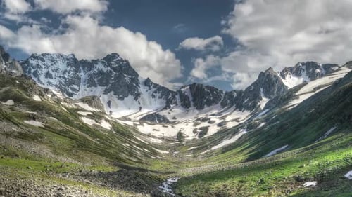 8K Glacial Valley and Alpine Meadow in Front of Rocky Mountain Peaks