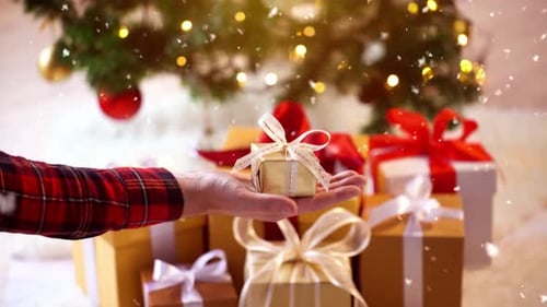 Hands Exchanging Christmas Gift in Festive Setting