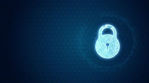Blue security key with circle rotation on hexagon shape background