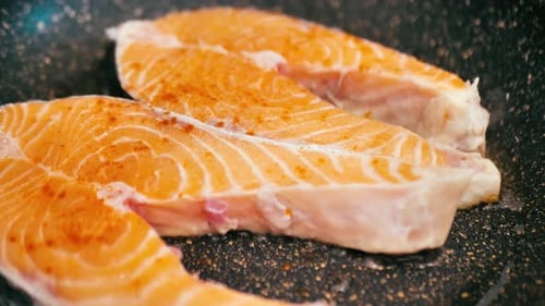 Salmon Steaks Cooking in Pan Close Up