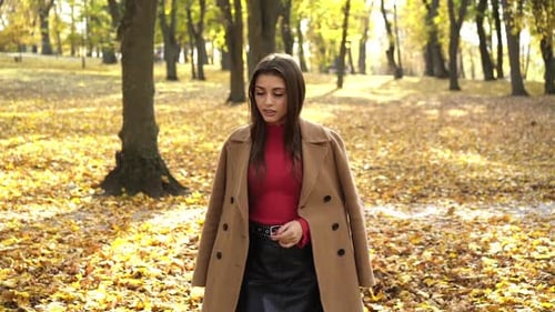 Pretty Girl Poses with a Coat and Smiles During a Walk in Sunny Autumn Park