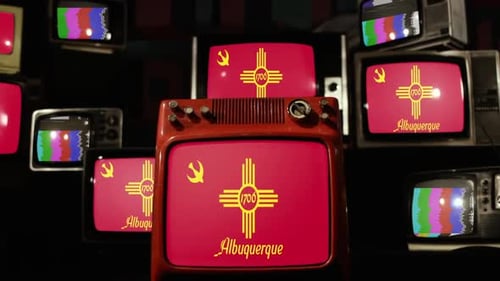 Pile of Retro Televisions Showing Albuquerque City Flag