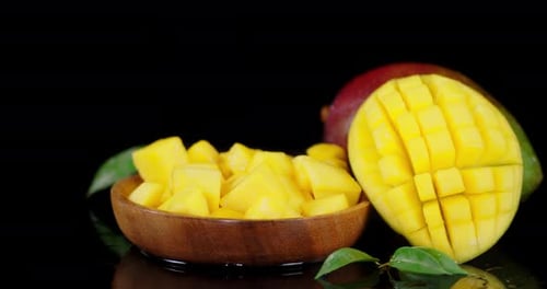 Sliced Fresh Mango on the Plate Slowly Rotates.