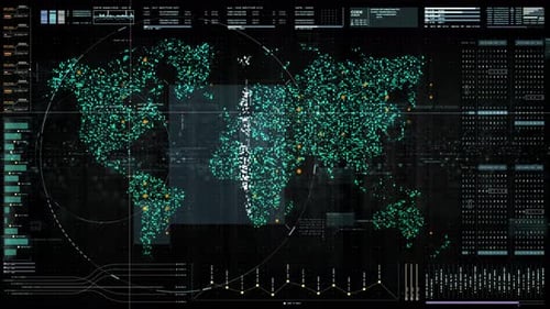 Futuristic Global Digital Map with Data Analysis HUD Interface