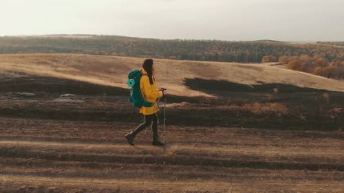 Woman Hiking Across Golden Fields in Yellow Raincoat
