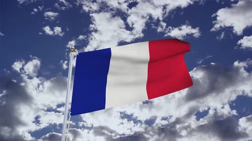 Realistic French Flag Waving in Wind Against Blue Cloudy Sky