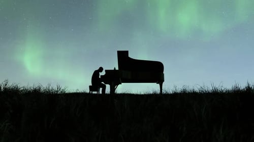 Pianist Silhouette Playing Grand Piano Under Northern Lights