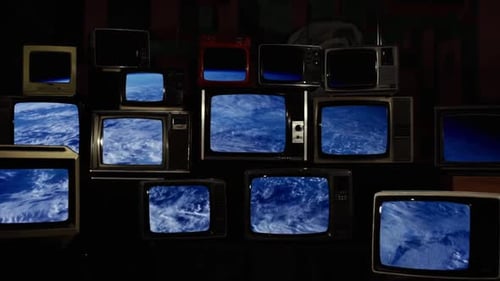 International Space Station (ISS) flying Above Earth on Vintage TVs.