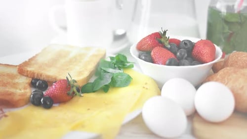 Breakfast Still Life with Toast, Berries, Cheese