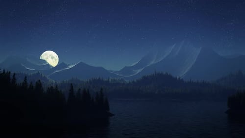 Full moon over a lake surrounded by dense coniferous forest and mountains.