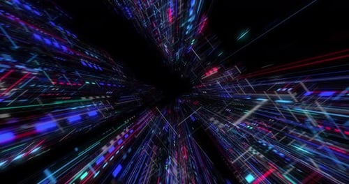 Flying over abstract motion background, a futuristic circuit board loop