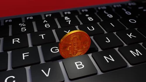 3D Bitcoin Coin on Keyboard Digital Currency Animation