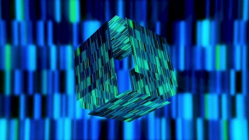 Futuristic Rotating Digital Cube with Glowing Lines and Tech Background