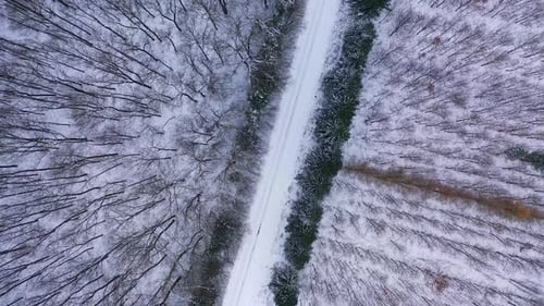 Aerial view of winter landscape. Aerial drone view of road in winter landscape