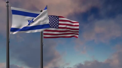 National Flags of Israel and United States Waving on Flagpoles