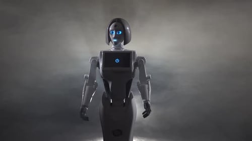 Humanoid Robot Standing in Smoky Setting