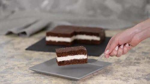 Serving Slice of Chocolate Cake on Plate