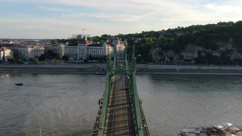 Drone over Liberty bridge on Danube river in Budapest, Hungary