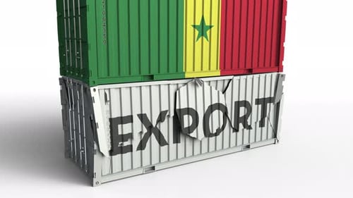 3D Export Container Breaking to Reveal Senegal Flag