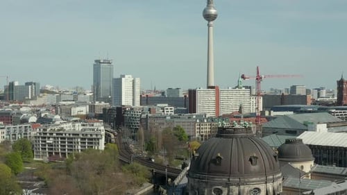 AERIAL: Wide View of Empty Berlin with Spree River and Museums and View of Alexanderplatz TV Tower