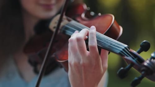 A Young Girl Plays the Violin in the City Park