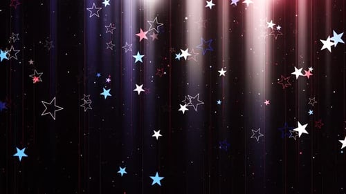 Patriotic Red White Blue Stars Falling and Glowing Light Beams Background