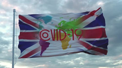 Waving UK Flag with Animated World Map COVID-19 Data Overlay