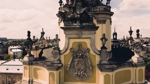 Aerial drone view of a flying over the Catholic Cathedral