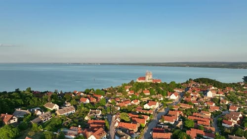 Aerial view of Tihany village overlooking Lake Balaton in Hungary