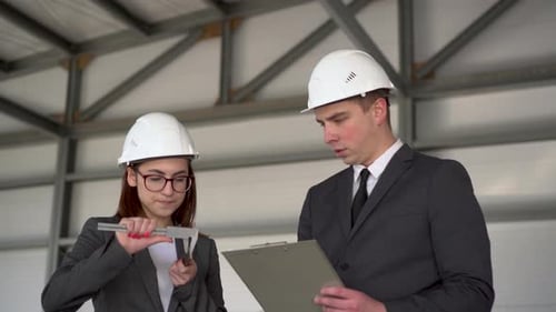 Jeune homme et femme portant des casques avec des documents sur un chantier de construction. Les hommes d'affaires en costume mesurent
