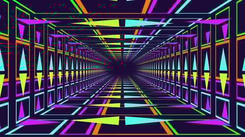 Moving through neon lit tunnel with colourful triangles