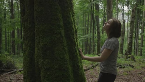 30s Woman Coming to the Tree with Moss and Looking at Forest