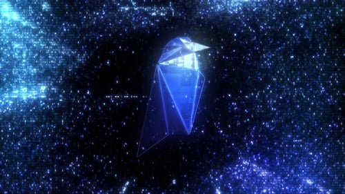 Logo de l'icône RVL Ravencoin Lite sur fond de bannière de boucle de code binaire crypto bleue plein format