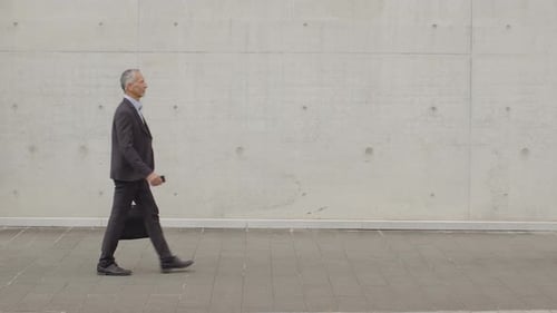 Businessman with briefcase and smartphone walking on footpath